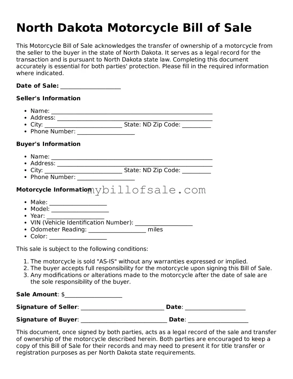 Official North Dakota Motorcycle Bill of Sale Template