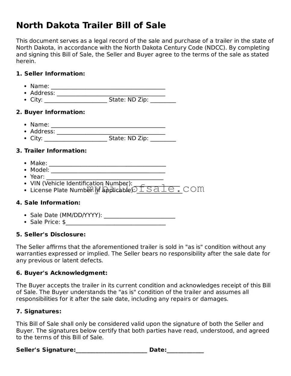 Official North Dakota Trailer Bill of Sale Template