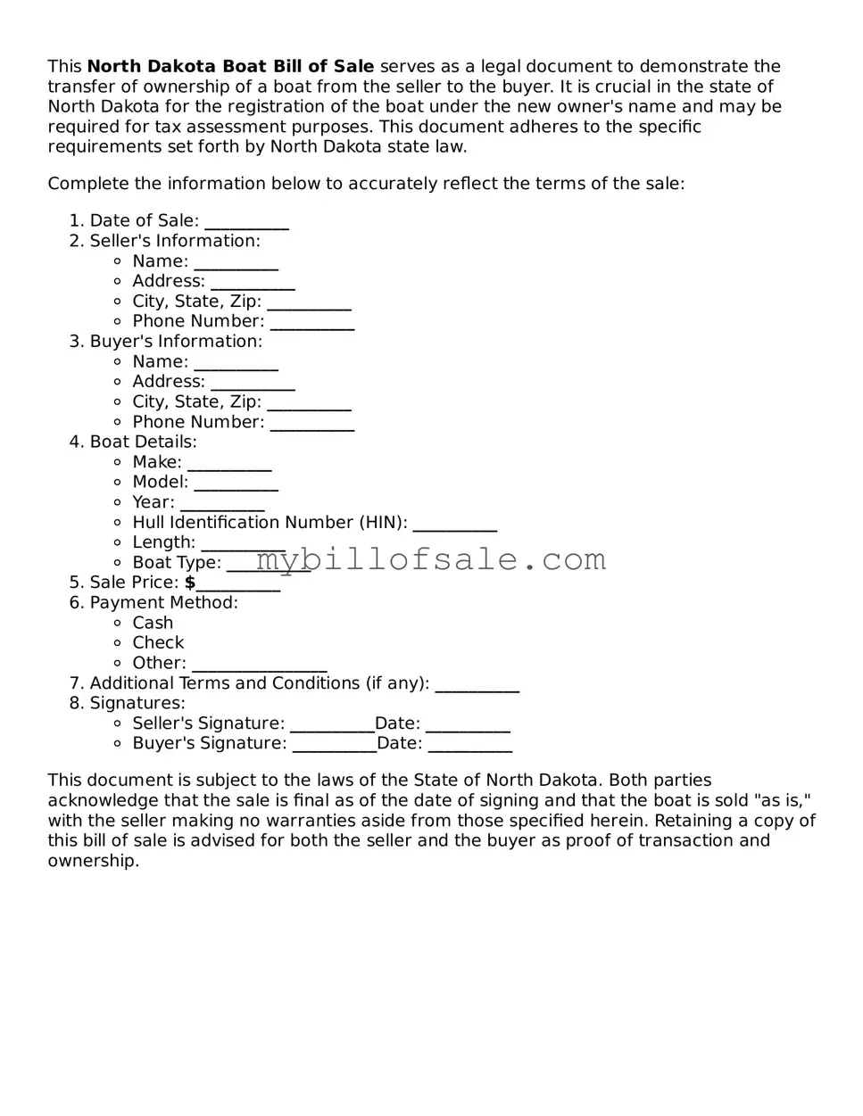 Official North Dakota Boat Bill of Sale Template