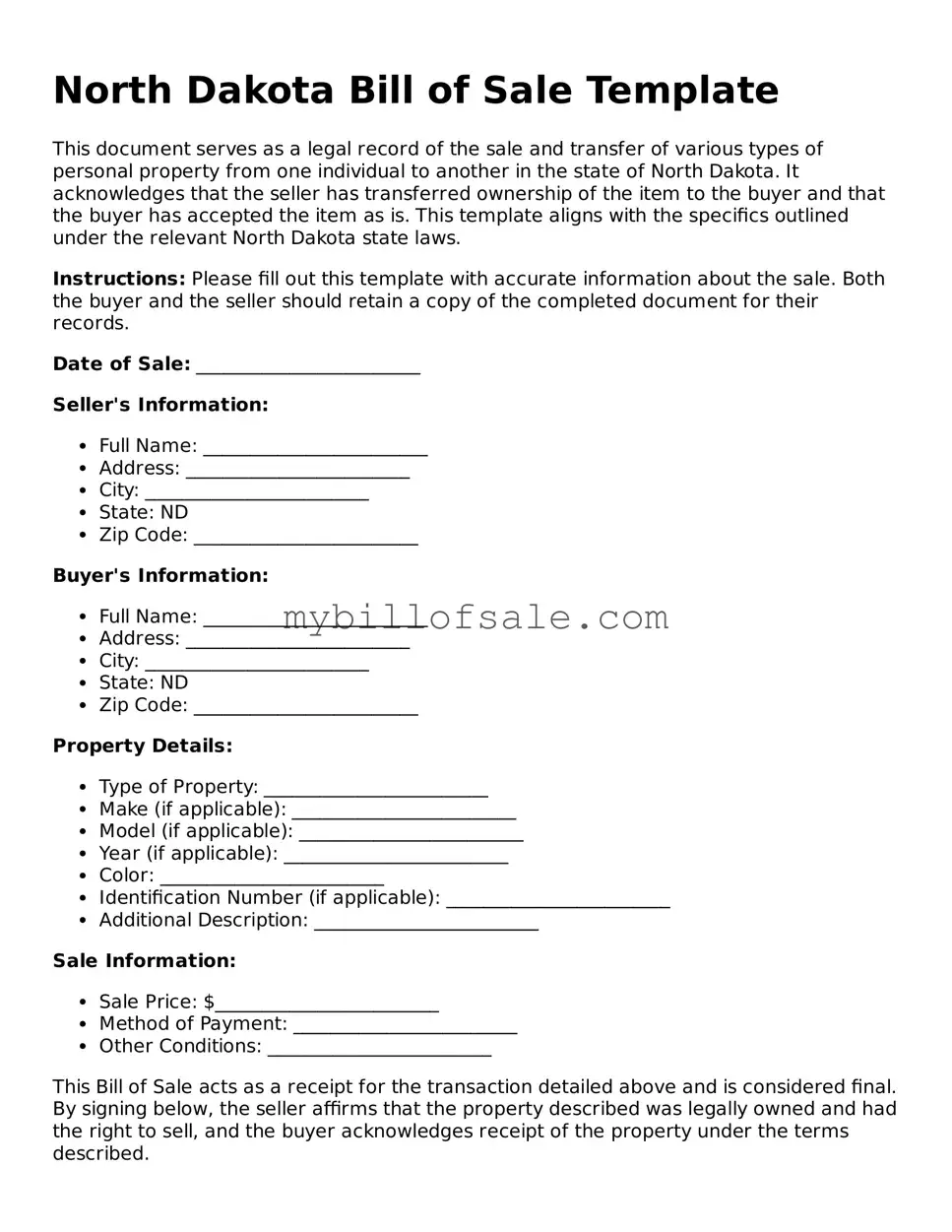 Official North Dakota Bill of Sale Template