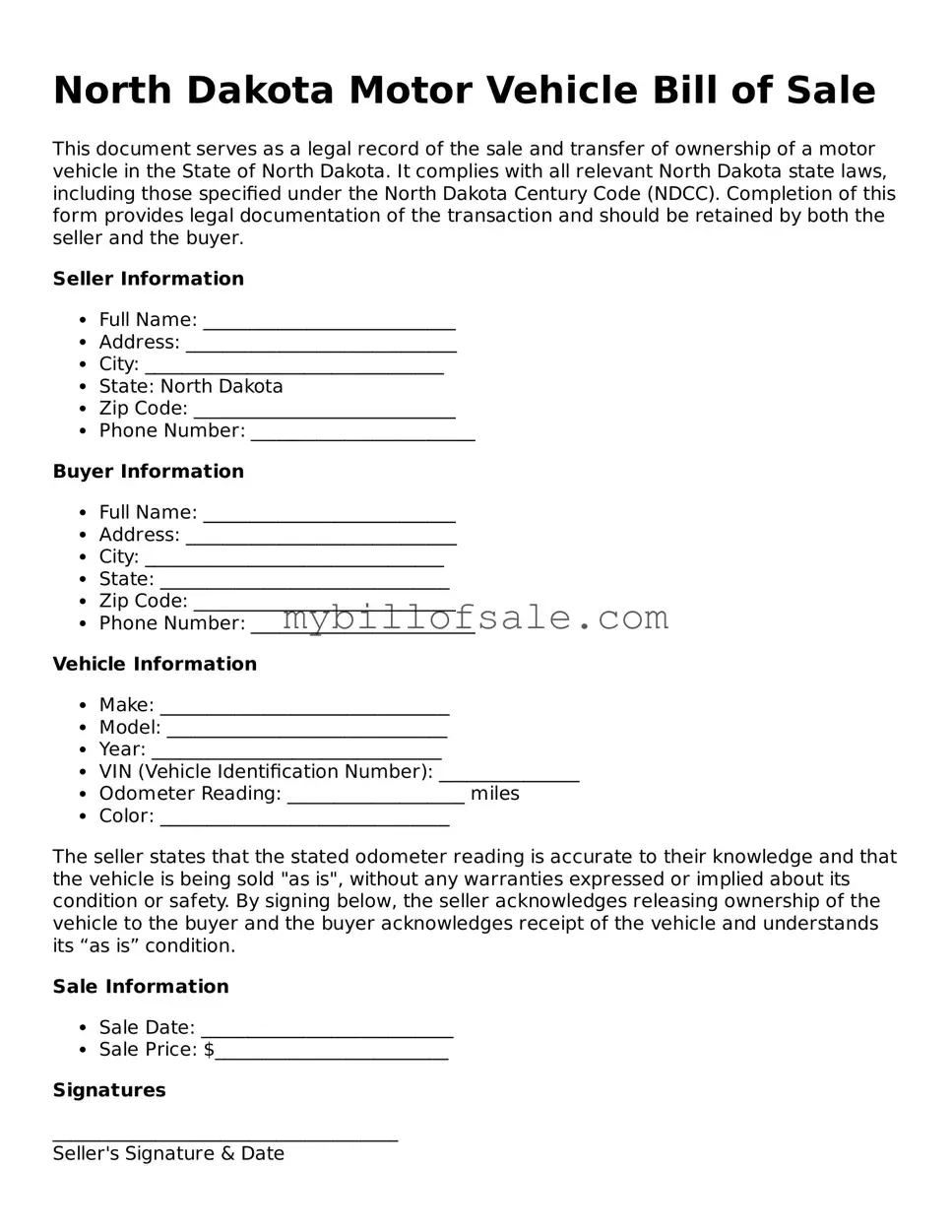 Official North Dakota Motor Vehicle Bill of Sale Template