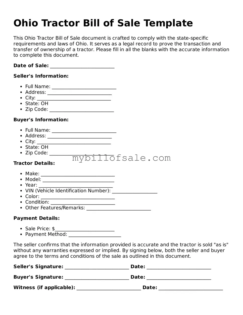 Official Ohio Tractor Bill of Sale Template