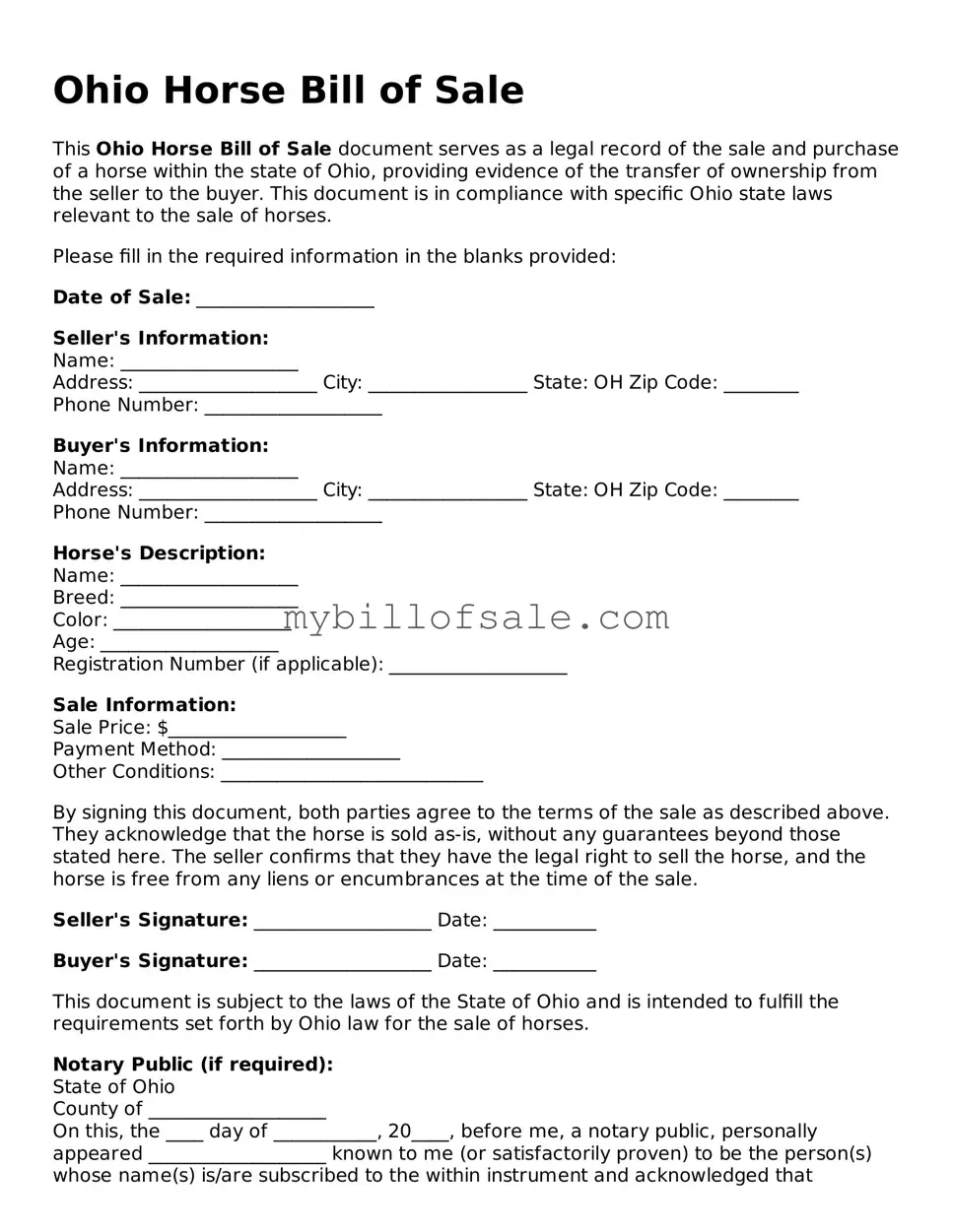 Official Ohio Horse Bill of Sale Template