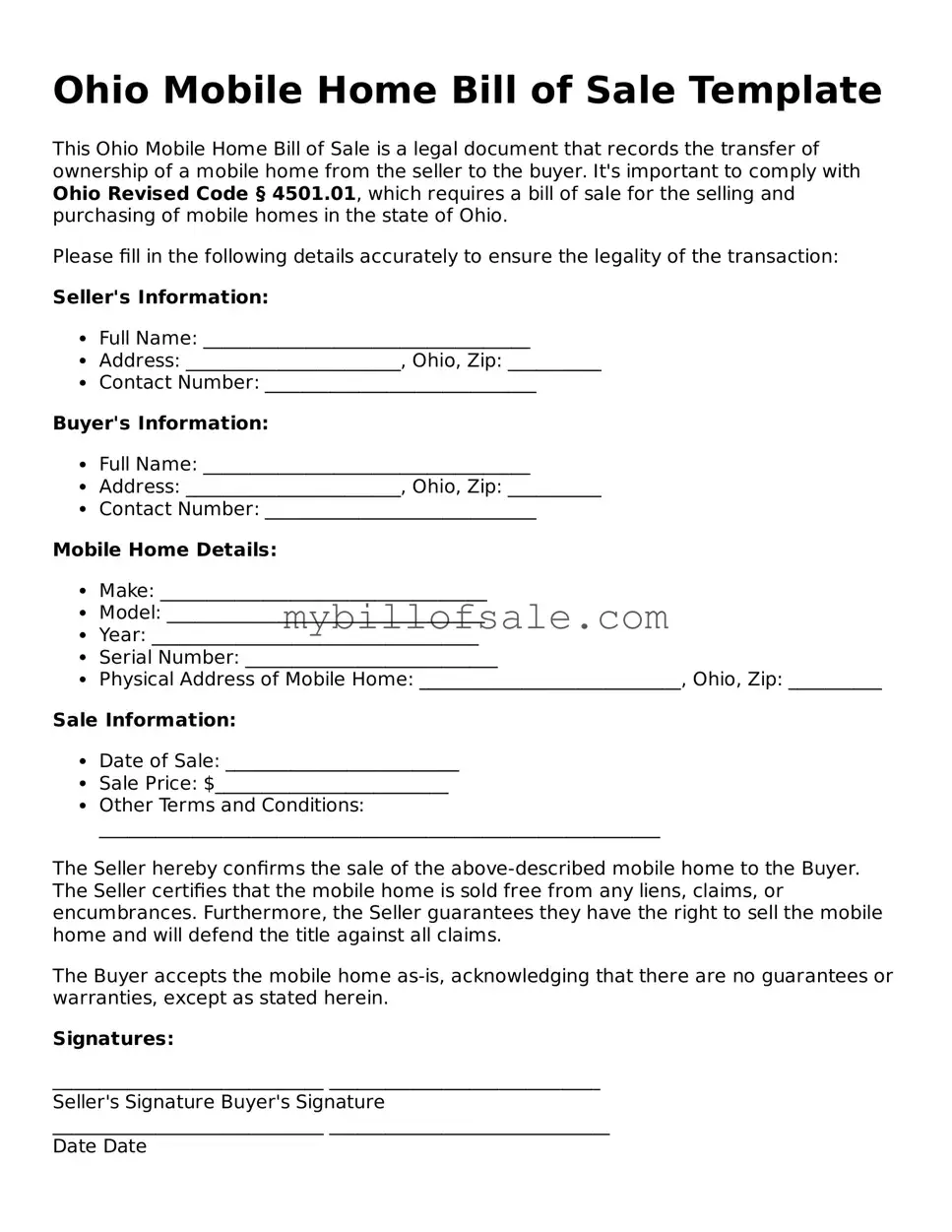 Official Ohio Mobile Home Bill of Sale Template