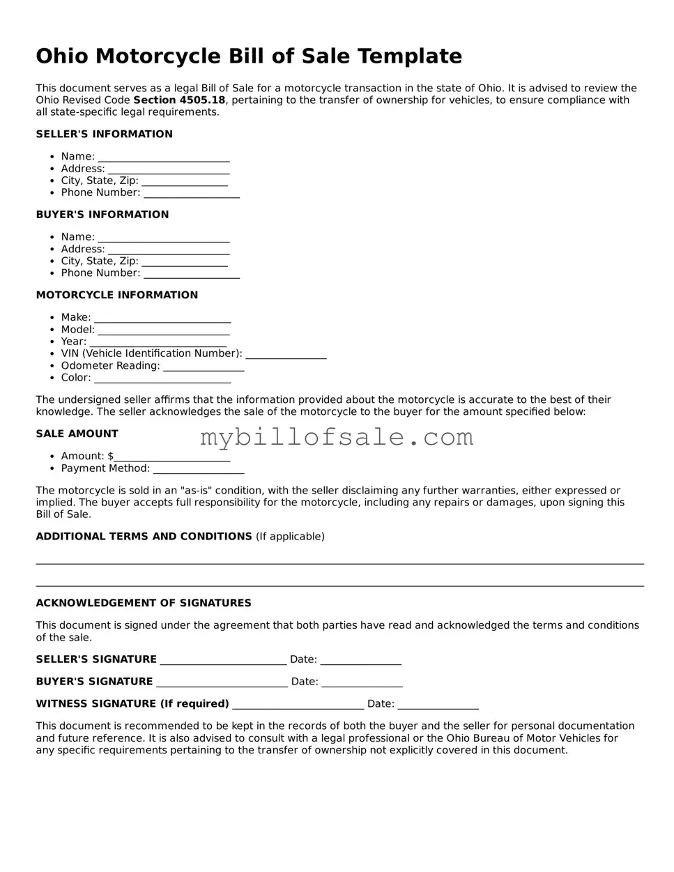 Official Ohio Motorcycle Bill of Sale Template