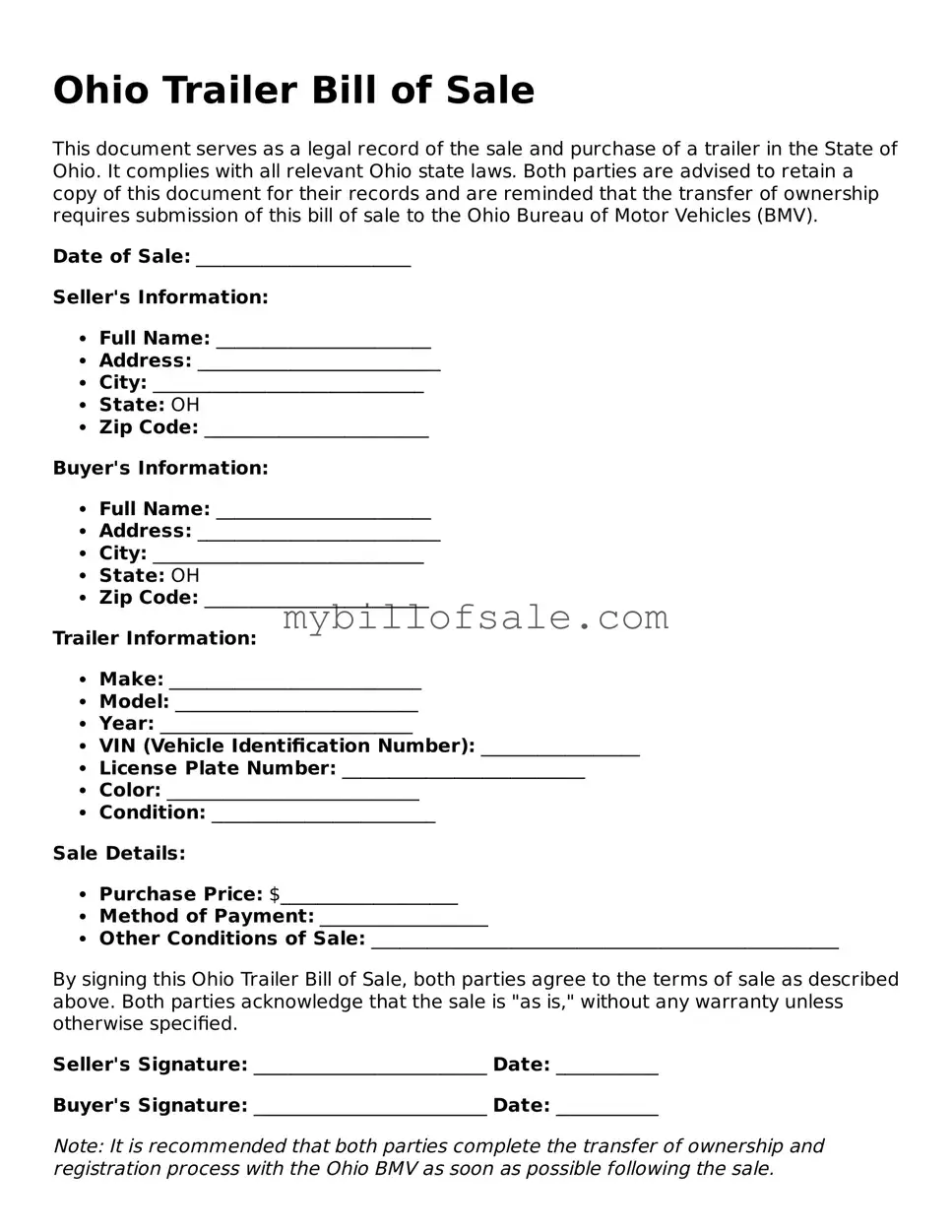 Official Ohio Trailer Bill of Sale Template