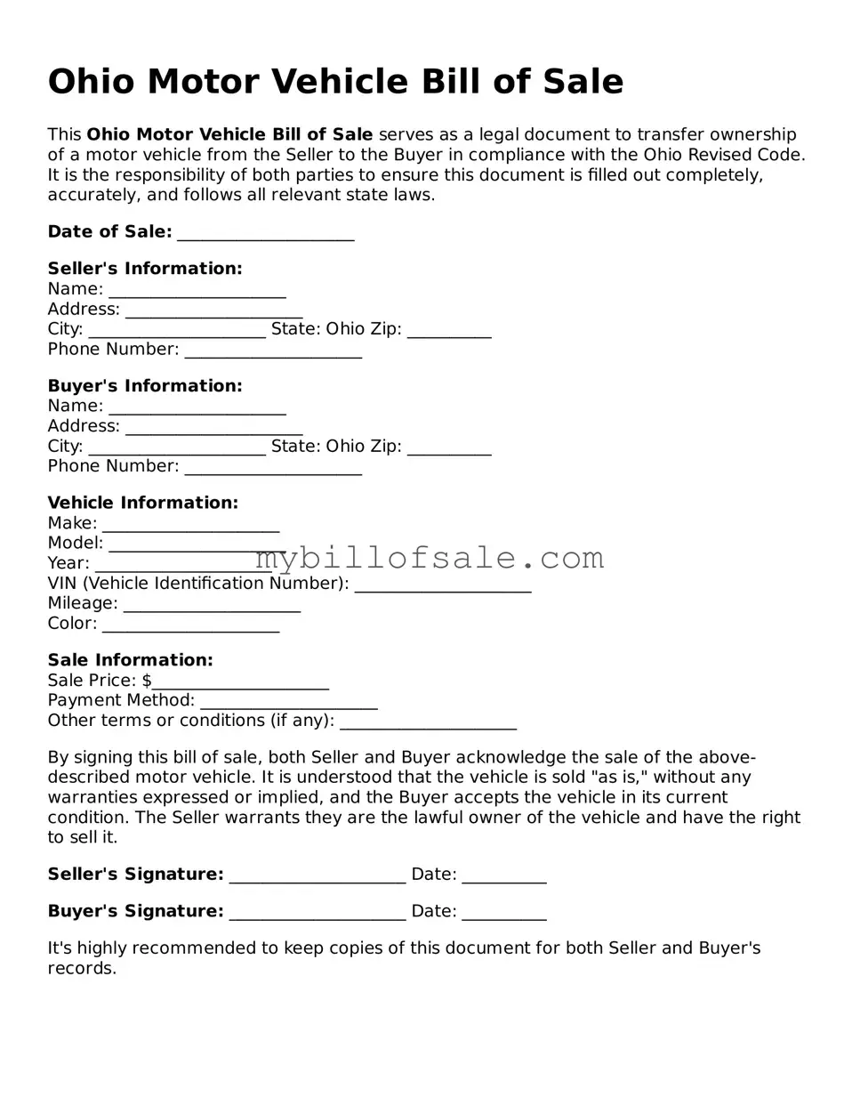 Official Ohio Motor Vehicle Bill of Sale Template