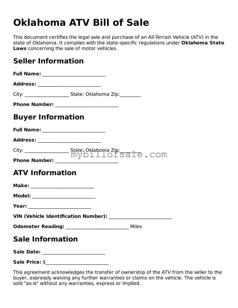 Official Oklahoma ATV Bill of Sale Template