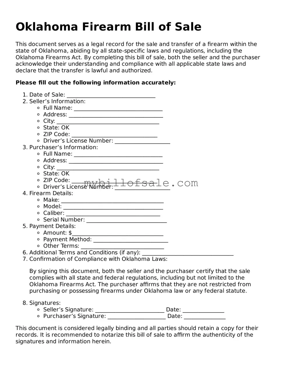 Official Oklahoma Firearm Bill of Sale Template