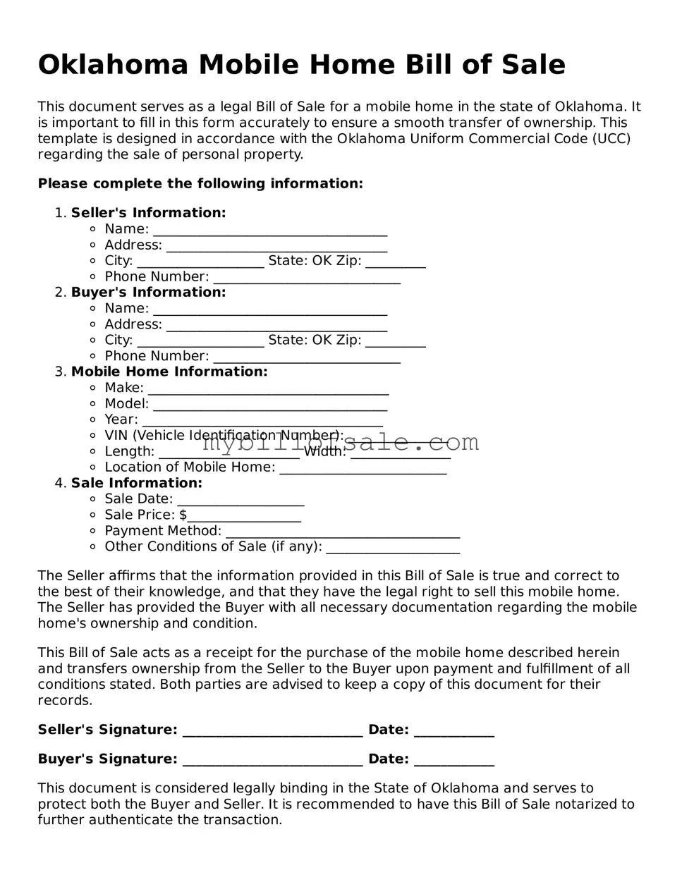 Official Oklahoma Mobile Home Bill of Sale Template