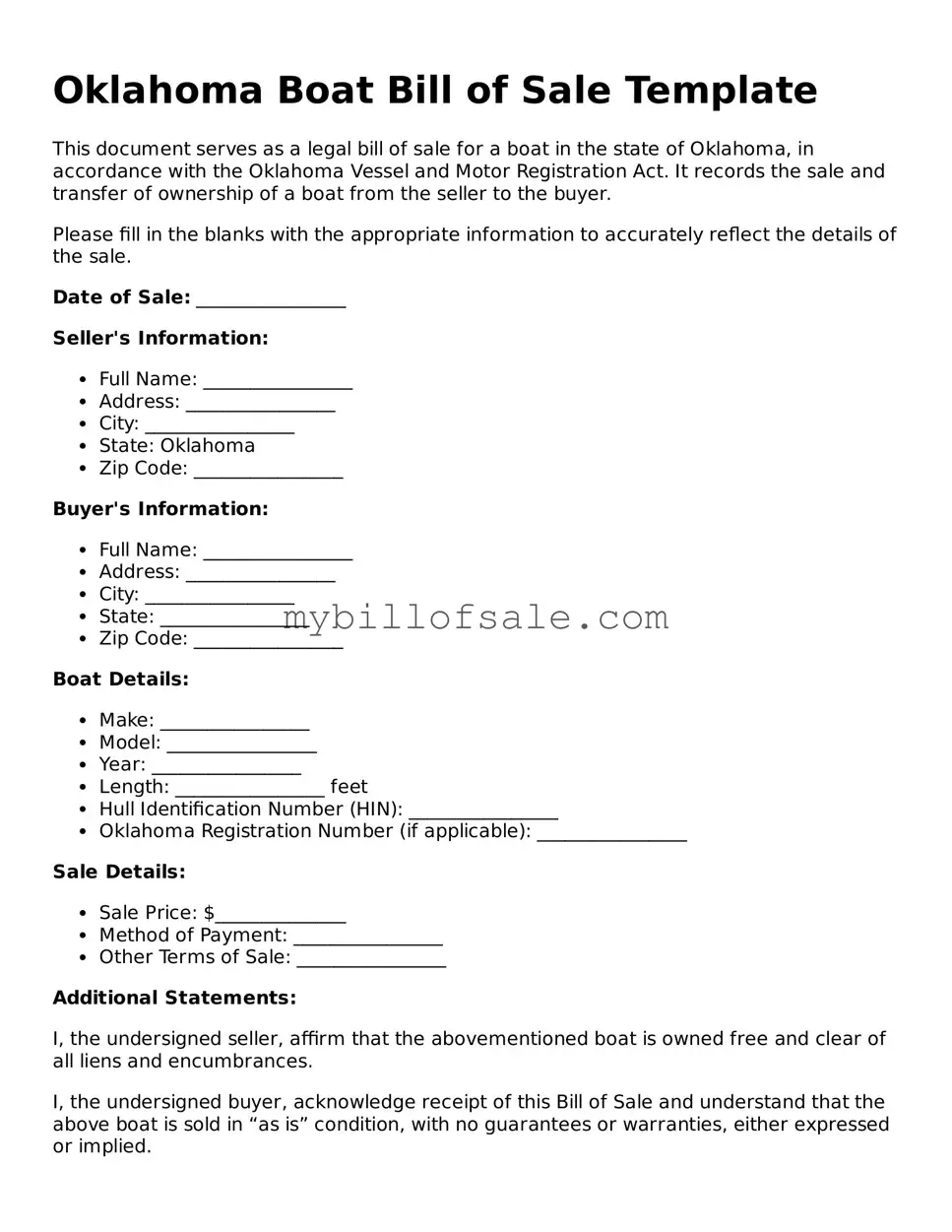 Official Oklahoma Boat Bill of Sale Template