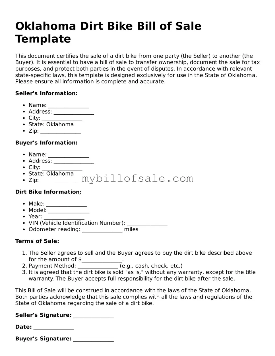 Official Oklahoma Dirt Bike Bill of Sale Template
