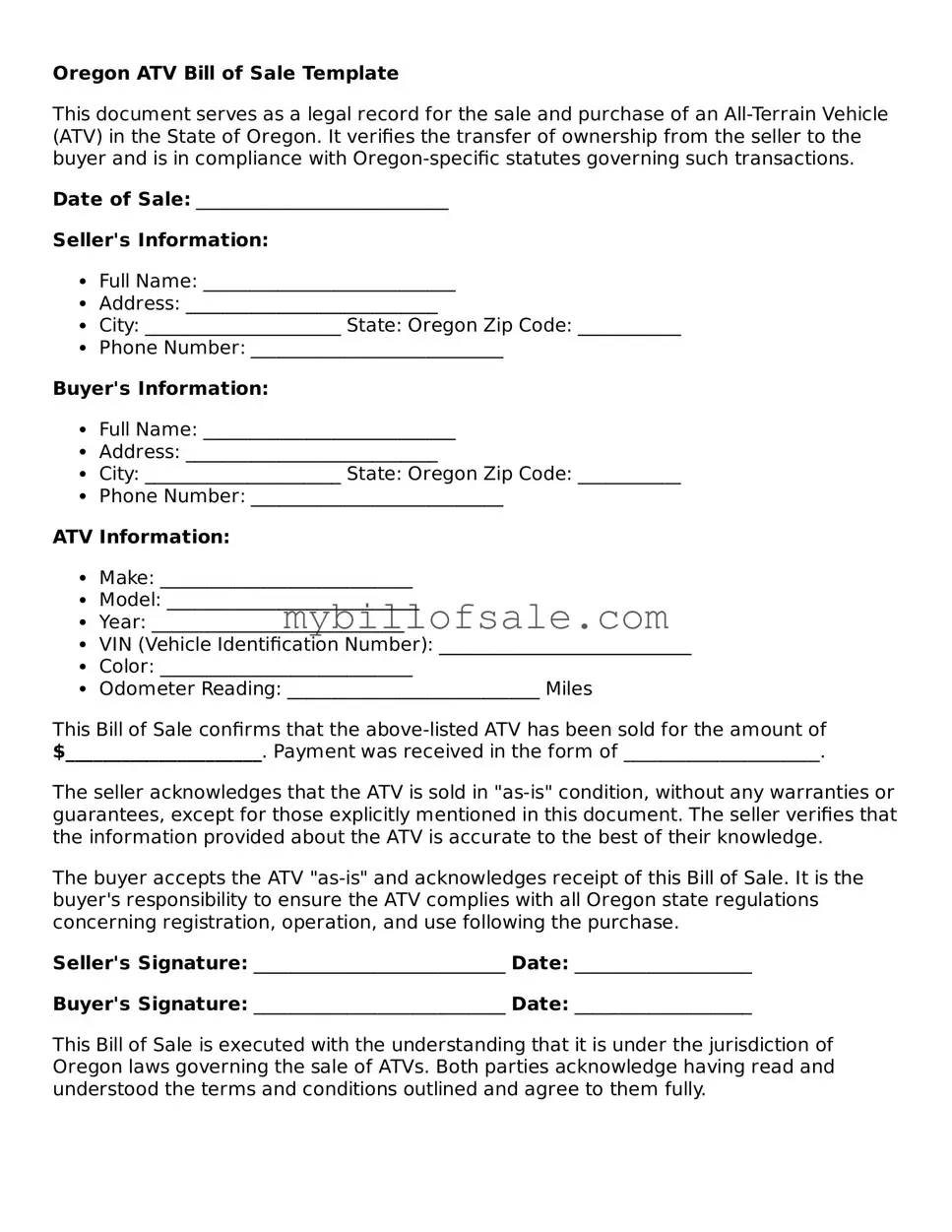 Official Oregon ATV Bill of Sale Template