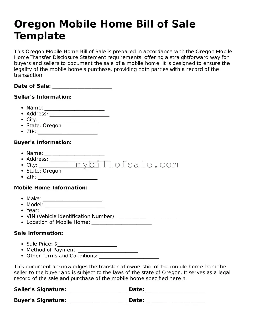 Official Oregon Mobile Home Bill of Sale Template