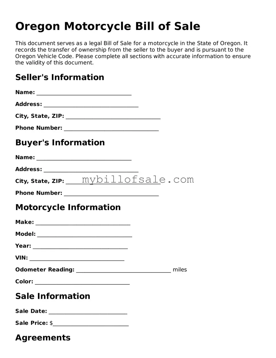 Official Oregon Motorcycle Bill of Sale Template