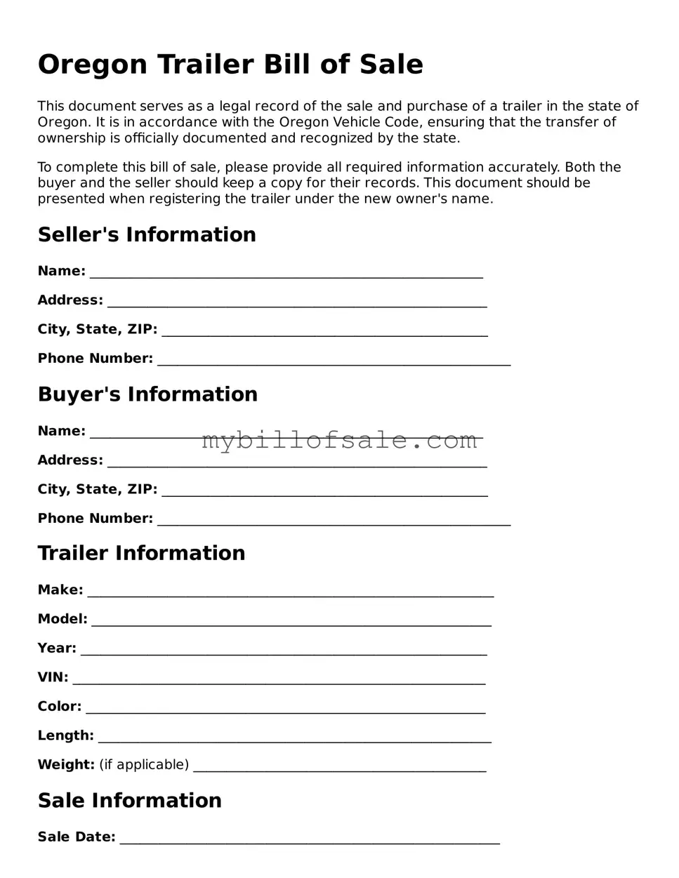 Official Oregon Trailer Bill of Sale Template