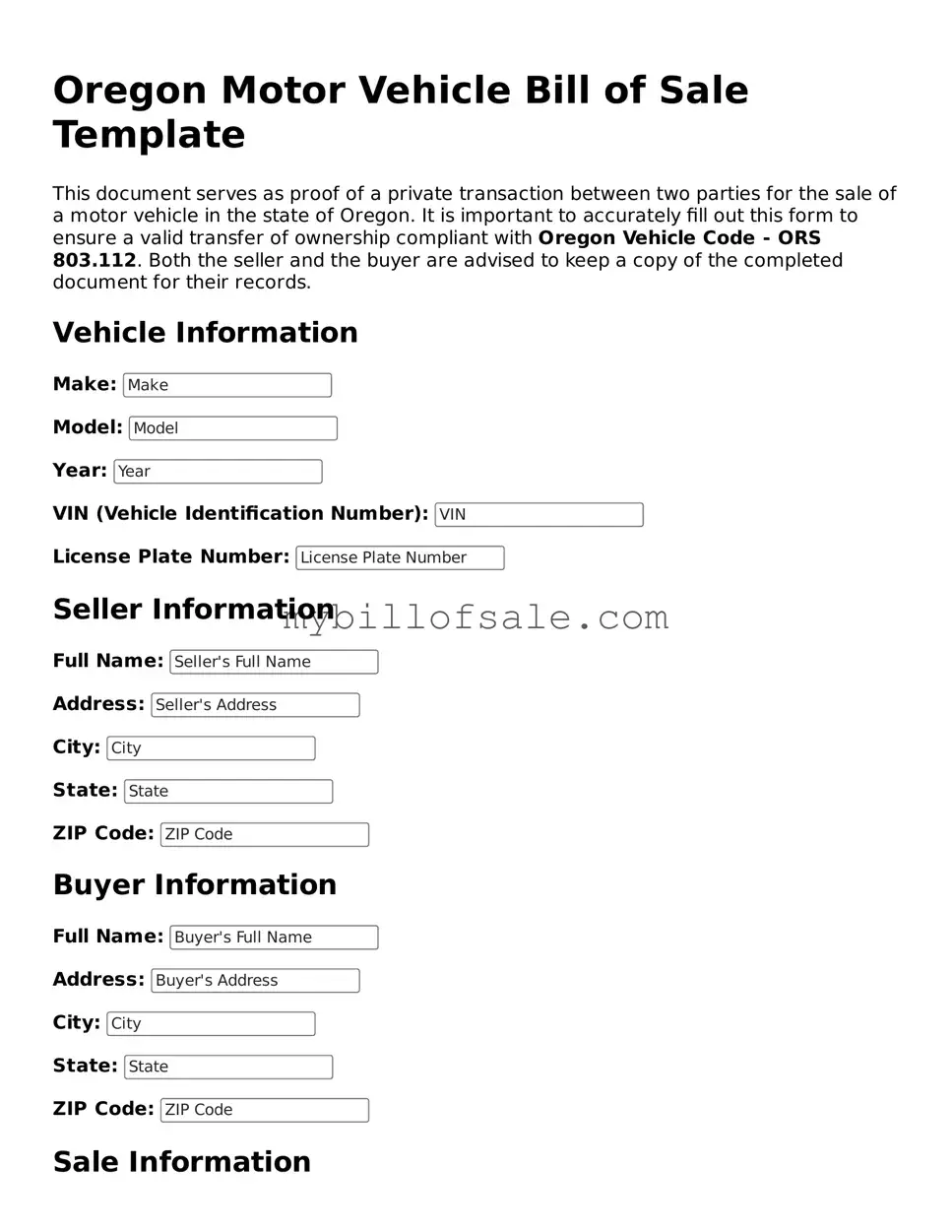 Official Oregon Motor Vehicle Bill of Sale Template