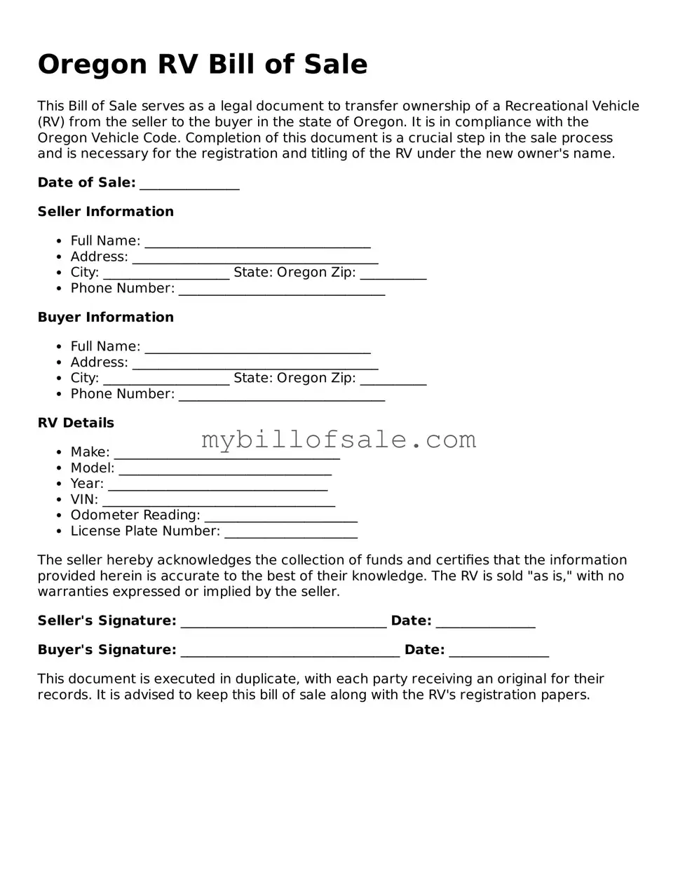 Official Oregon RV Bill of Sale Template