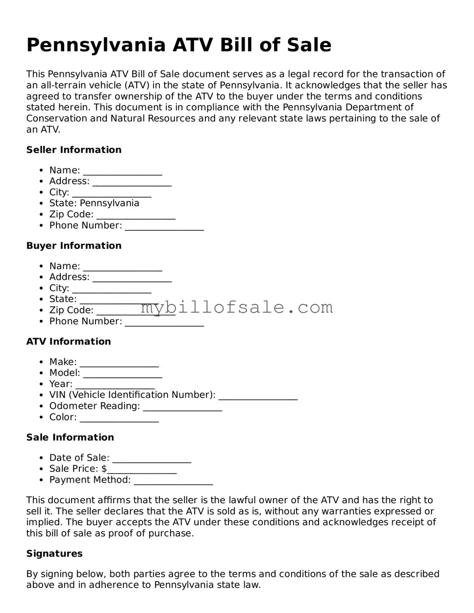 Official Pennsylvania ATV Bill of Sale Template