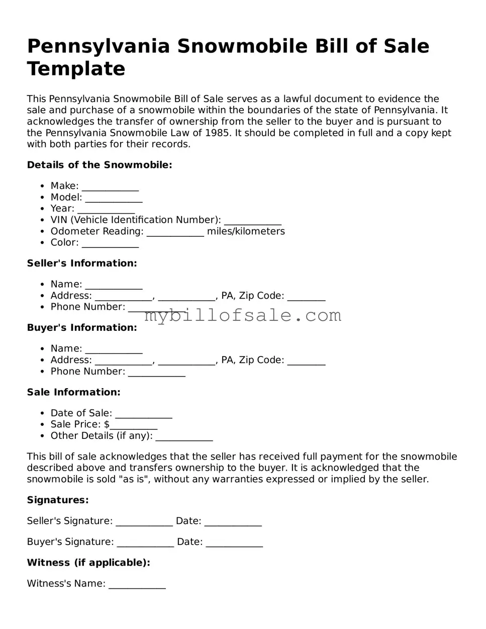 Official Pennsylvania Snowmobile Bill of Sale Template