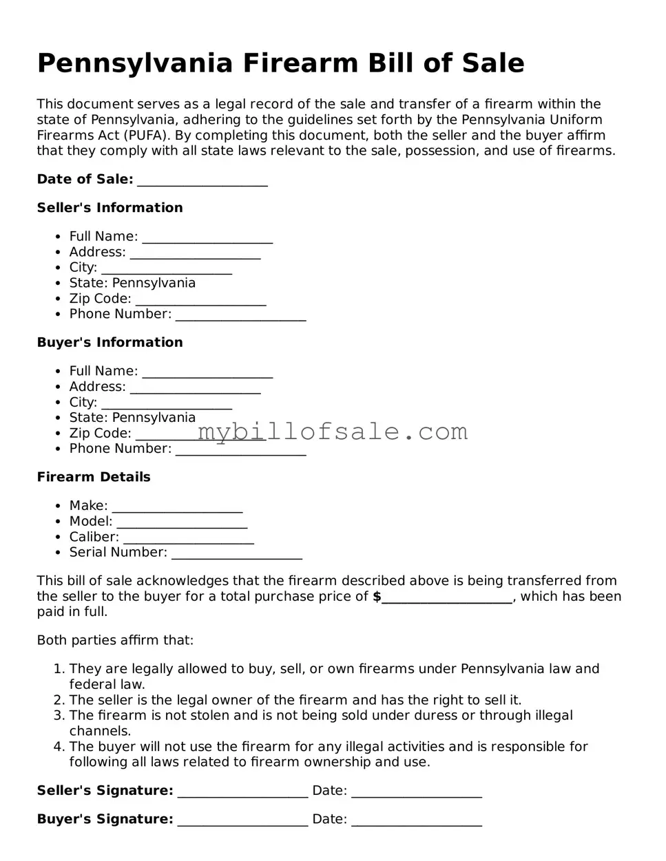 Official Pennsylvania Firearm Bill of Sale Template