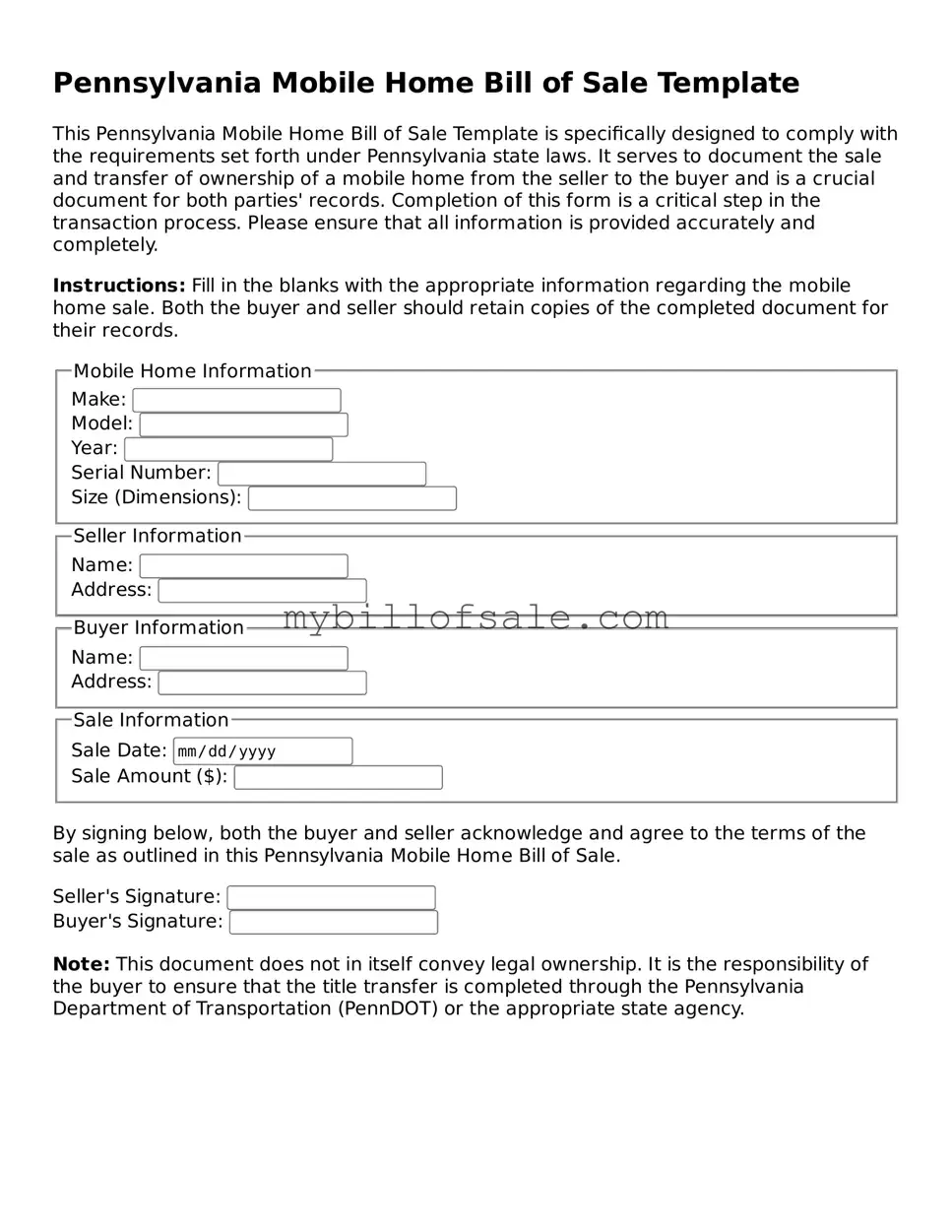 Official Pennsylvania Mobile Home Bill of Sale Template