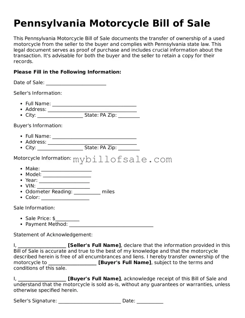 Official Pennsylvania Motorcycle Bill of Sale Template