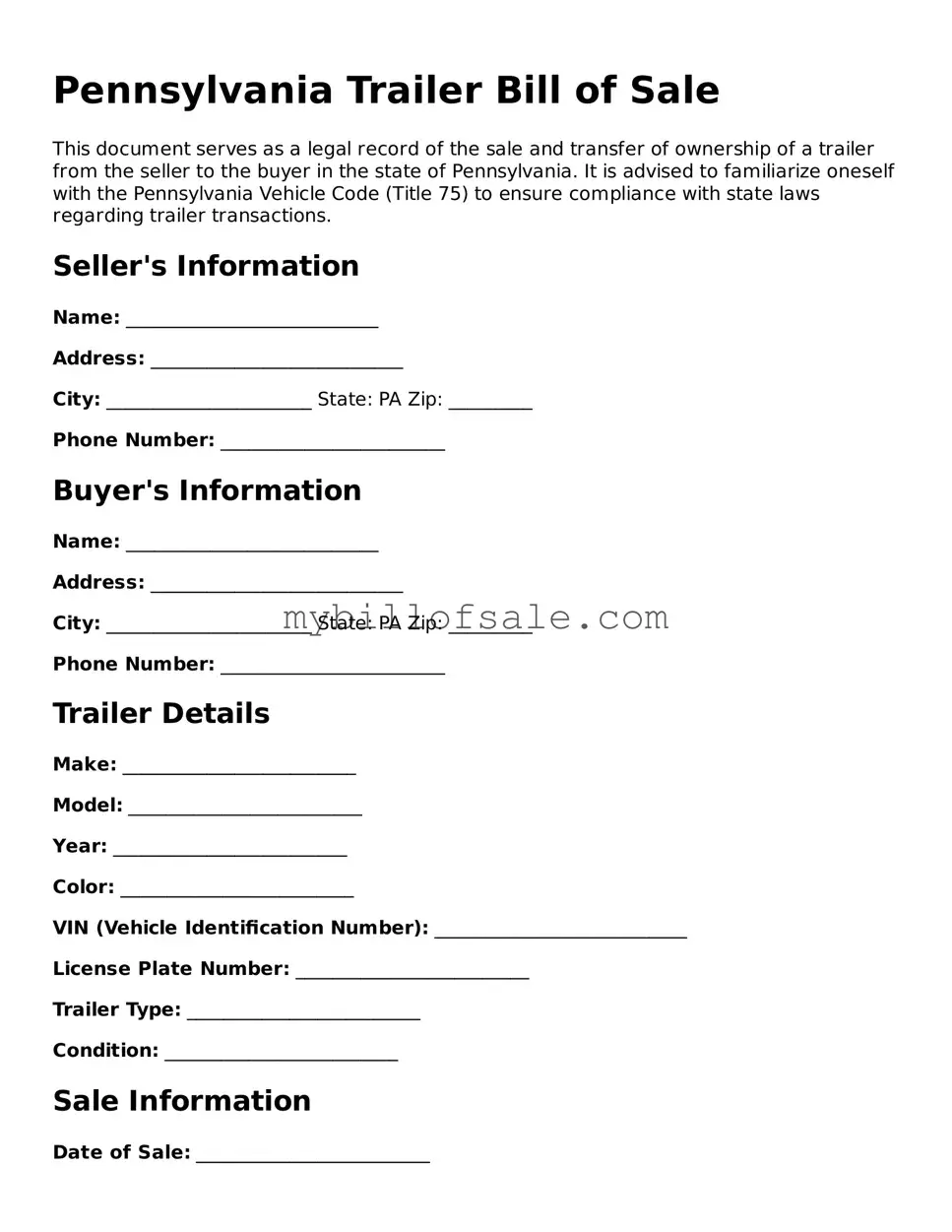 Official Pennsylvania Trailer Bill of Sale Template