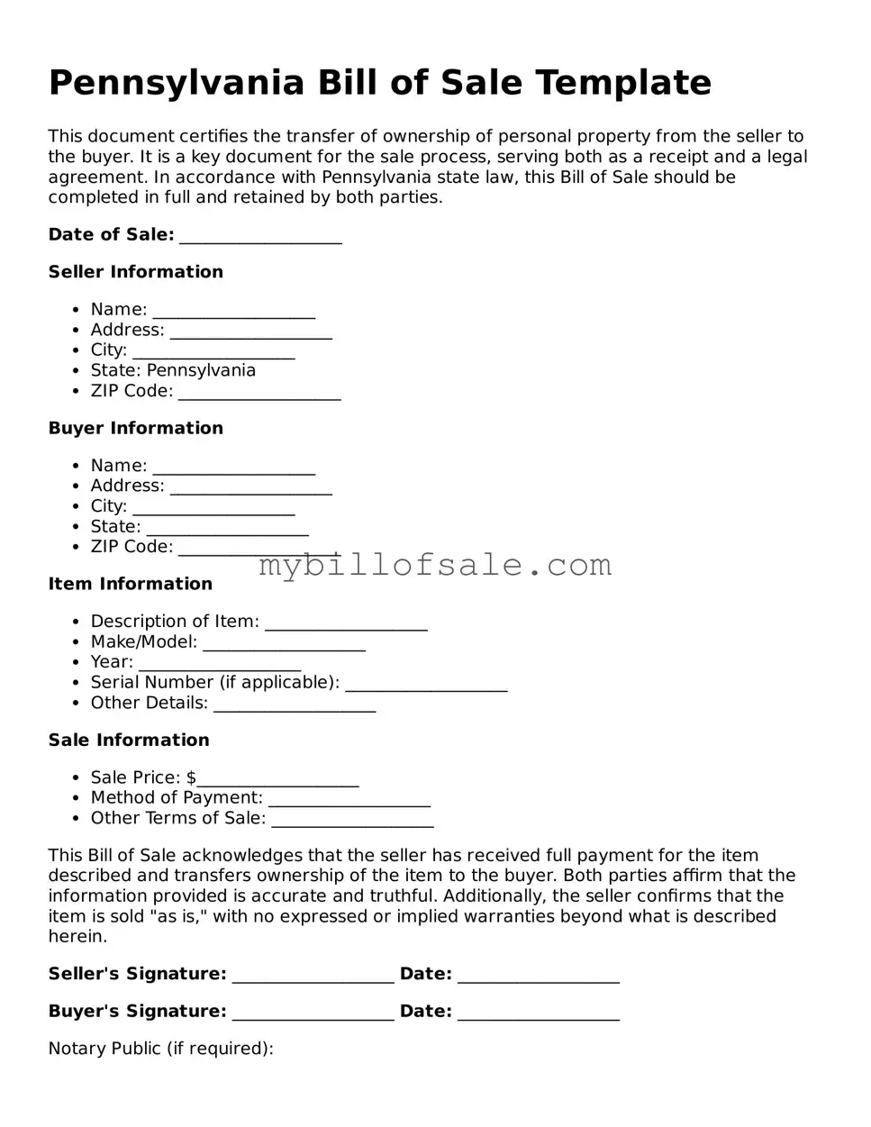 Official Pennsylvania Bill of Sale Template