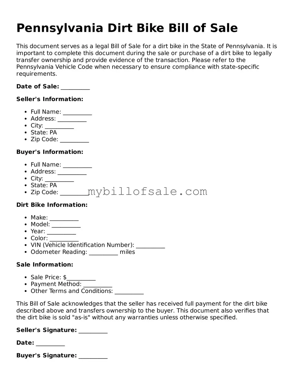 Official Pennsylvania Dirt Bike Bill of Sale Template