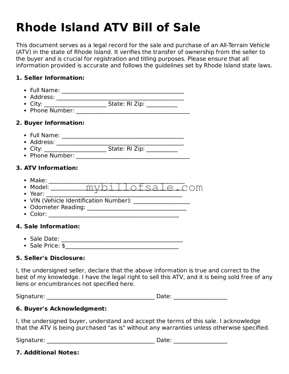 Official Rhode Island ATV Bill of Sale Template