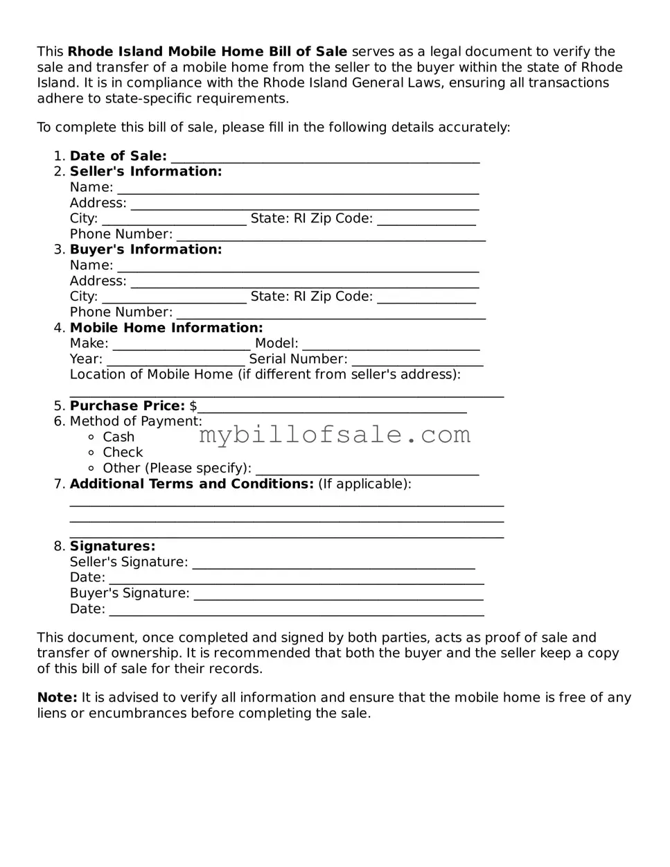 Official Rhode Island Mobile Home Bill of Sale Template