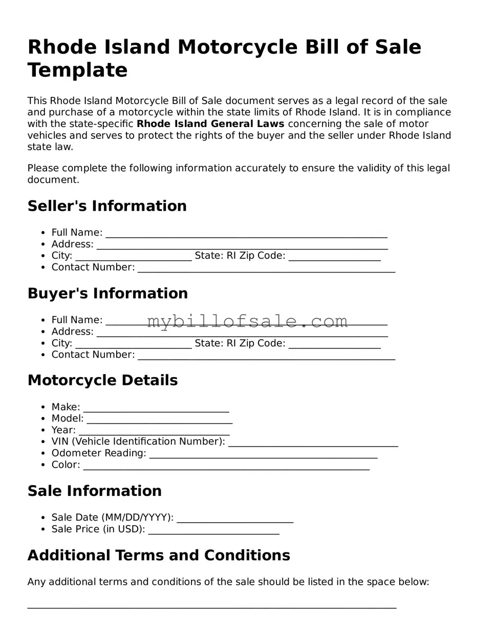Official Rhode Island Motorcycle Bill of Sale Template