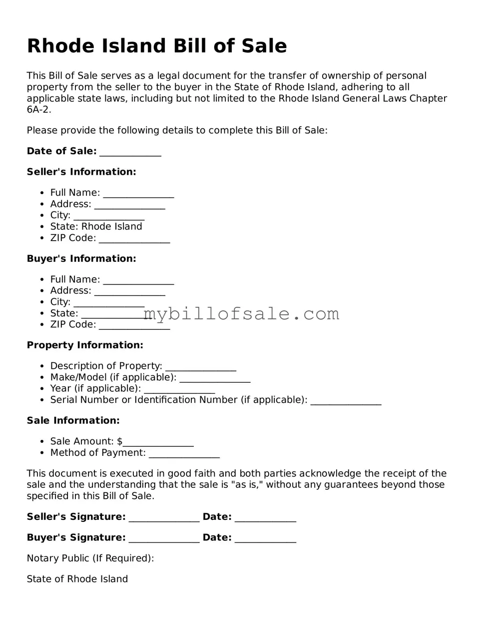 Official Rhode Island Bill of Sale Template