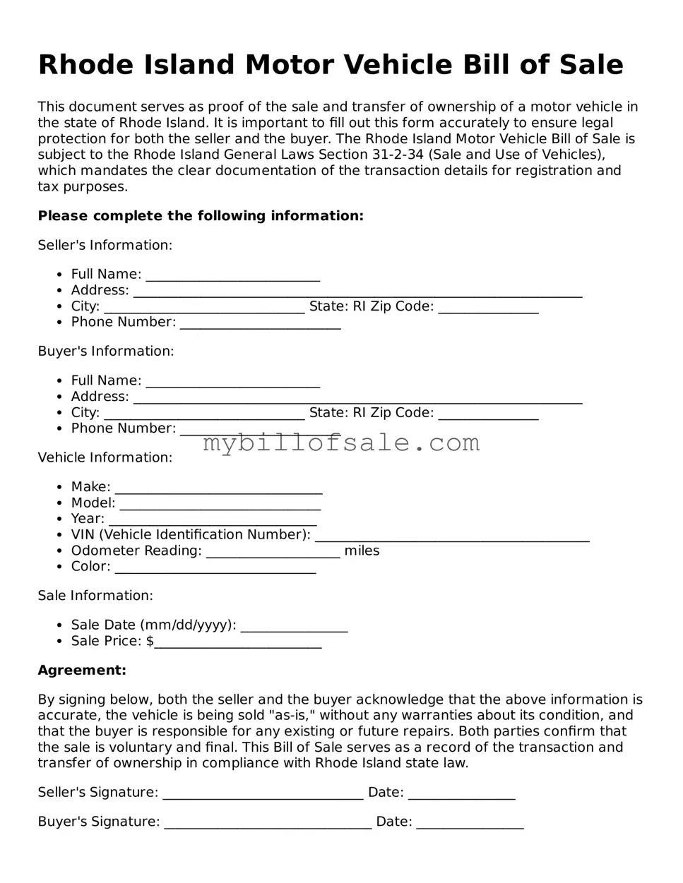 Official Rhode Island Motor Vehicle Bill of Sale Template