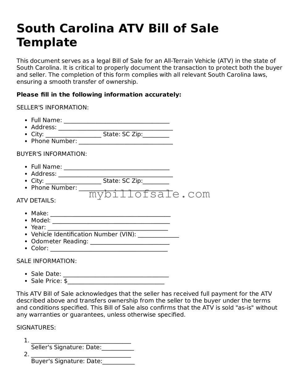 Official South Carolina ATV Bill of Sale Template