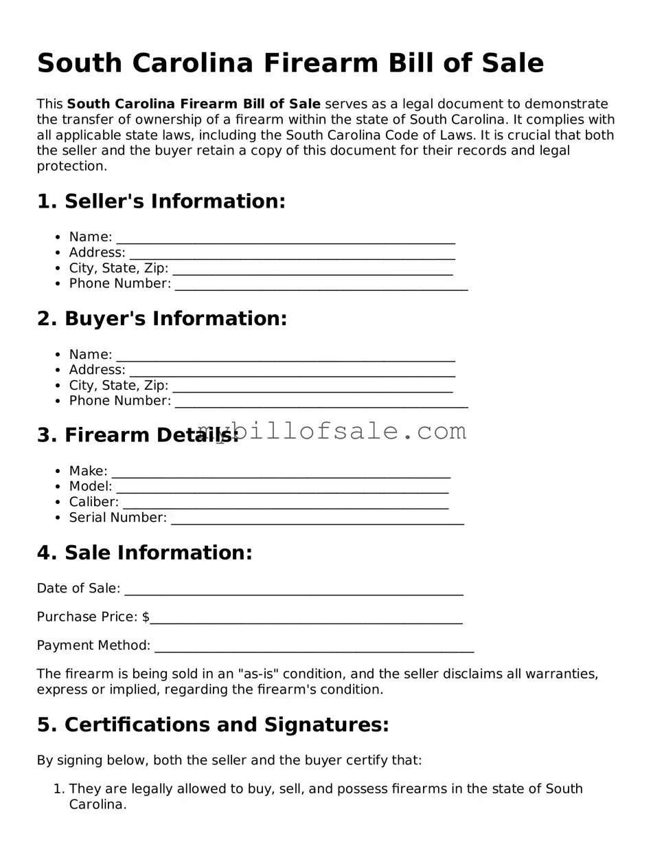 Official South Carolina Firearm Bill of Sale Template