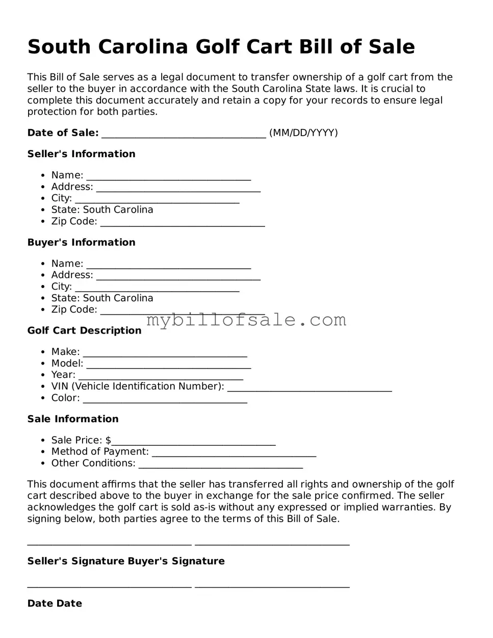 Official South Carolina Golf Cart Bill of Sale Template