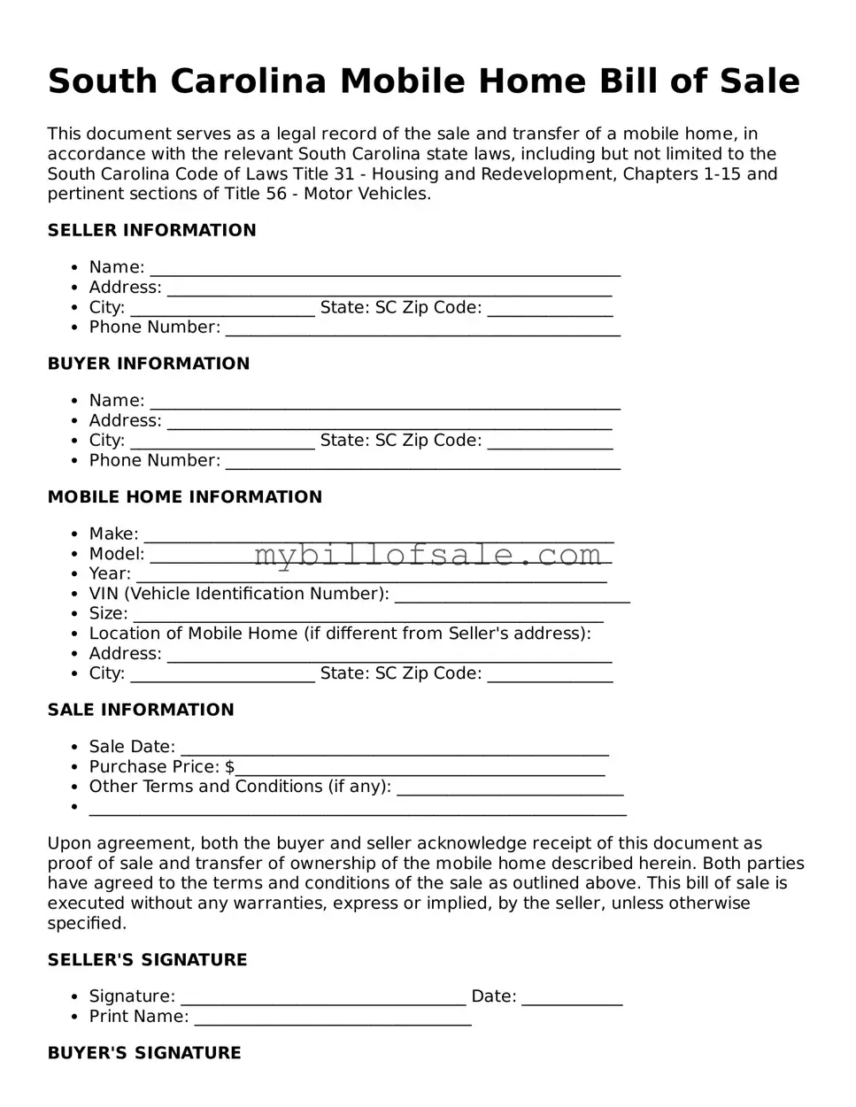Official South Carolina Mobile Home Bill of Sale Template
