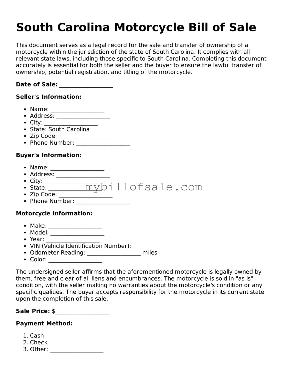 Official South Carolina Motorcycle Bill of Sale Template