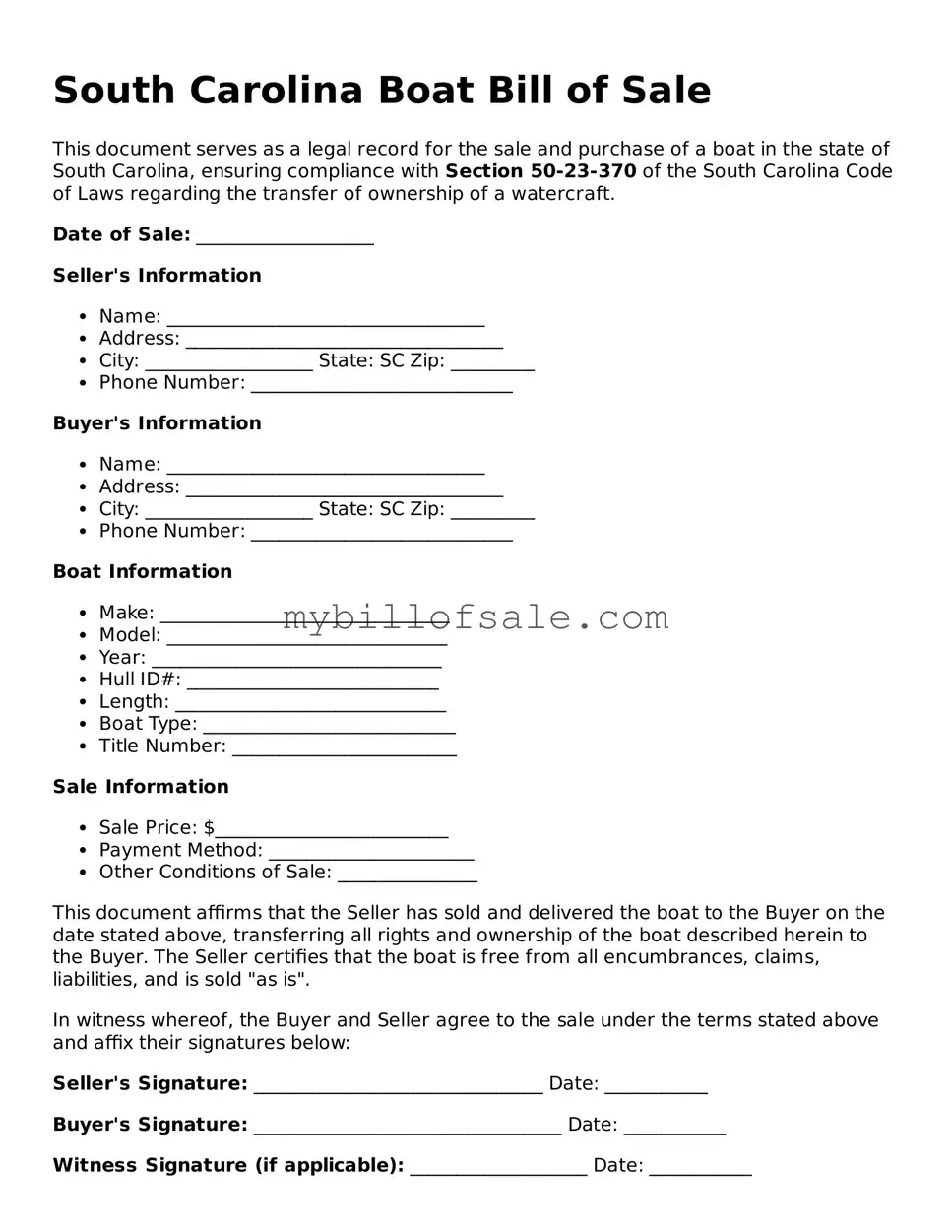 Official South Carolina Boat Bill of Sale Template