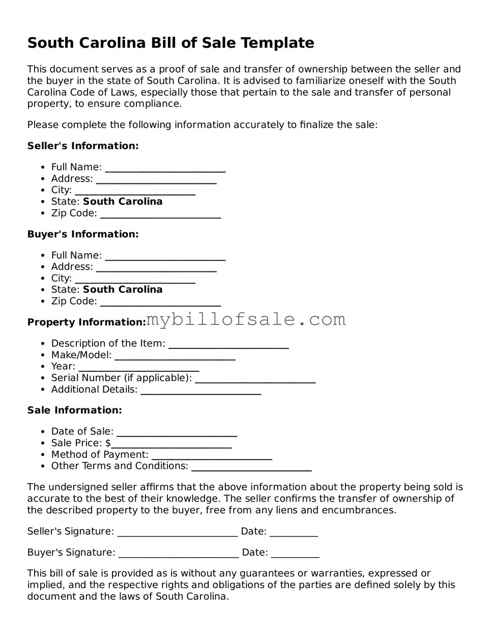 Official South Carolina Bill of Sale Template