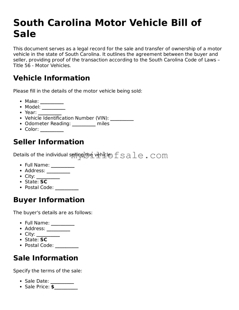 Official South Carolina Motor Vehicle Bill of Sale Template