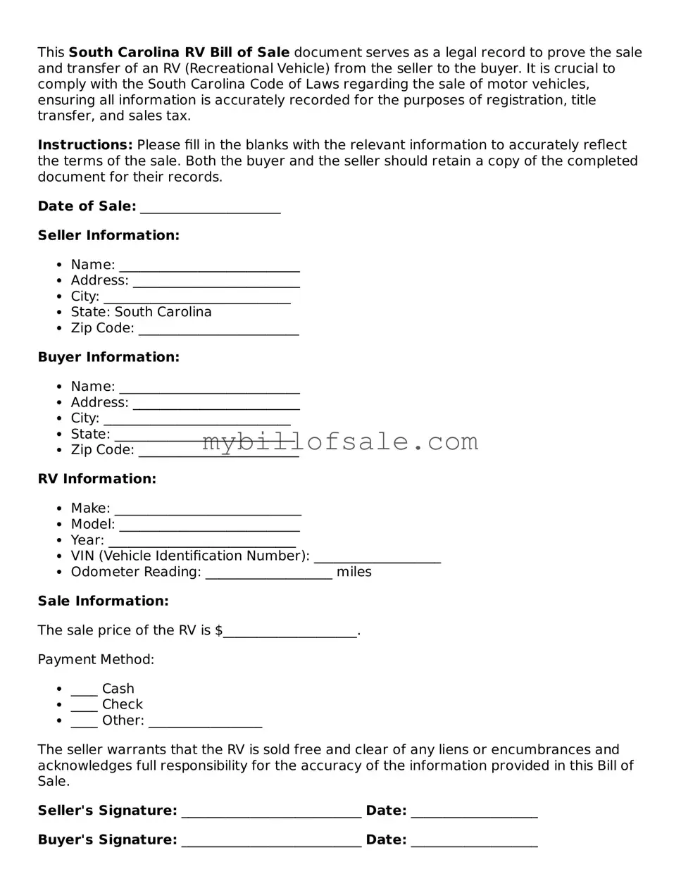 Official South Carolina RV Bill of Sale Template