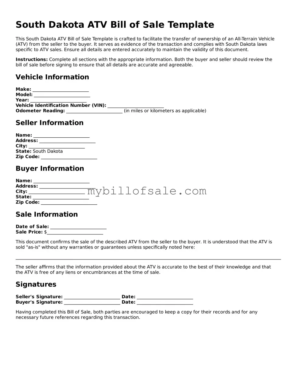 Official South Dakota ATV Bill of Sale Template