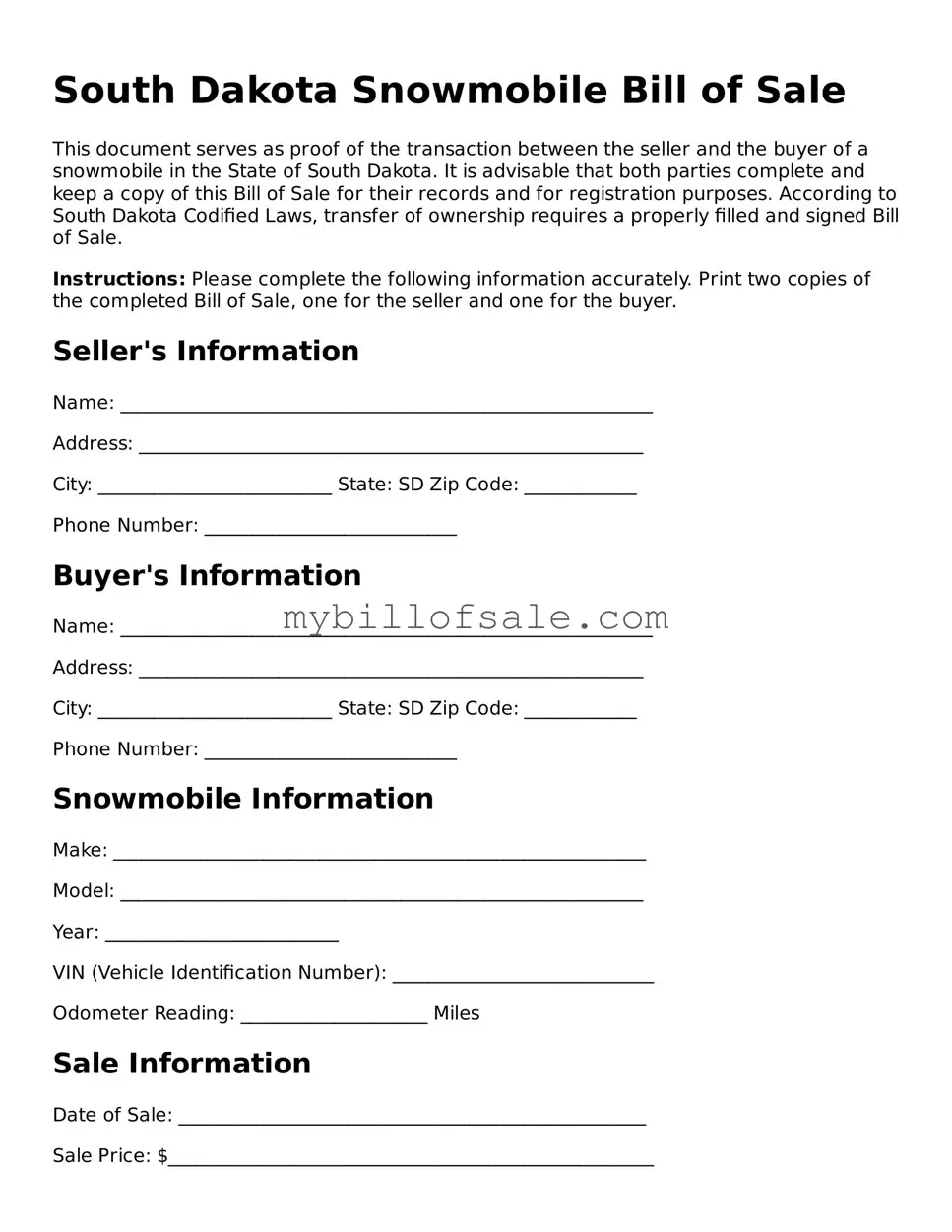 Official South Dakota Snowmobile Bill of Sale Template