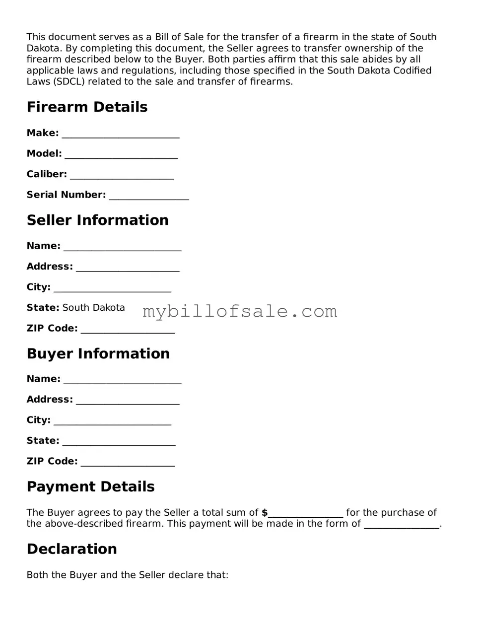 Official South Dakota Firearm Bill of Sale Template