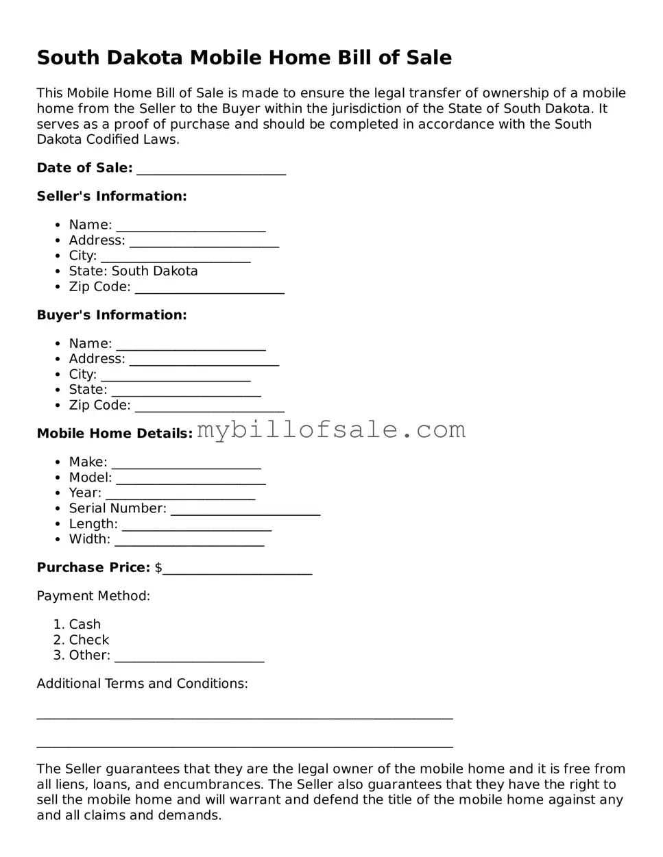 Official South Dakota Mobile Home Bill of Sale Template