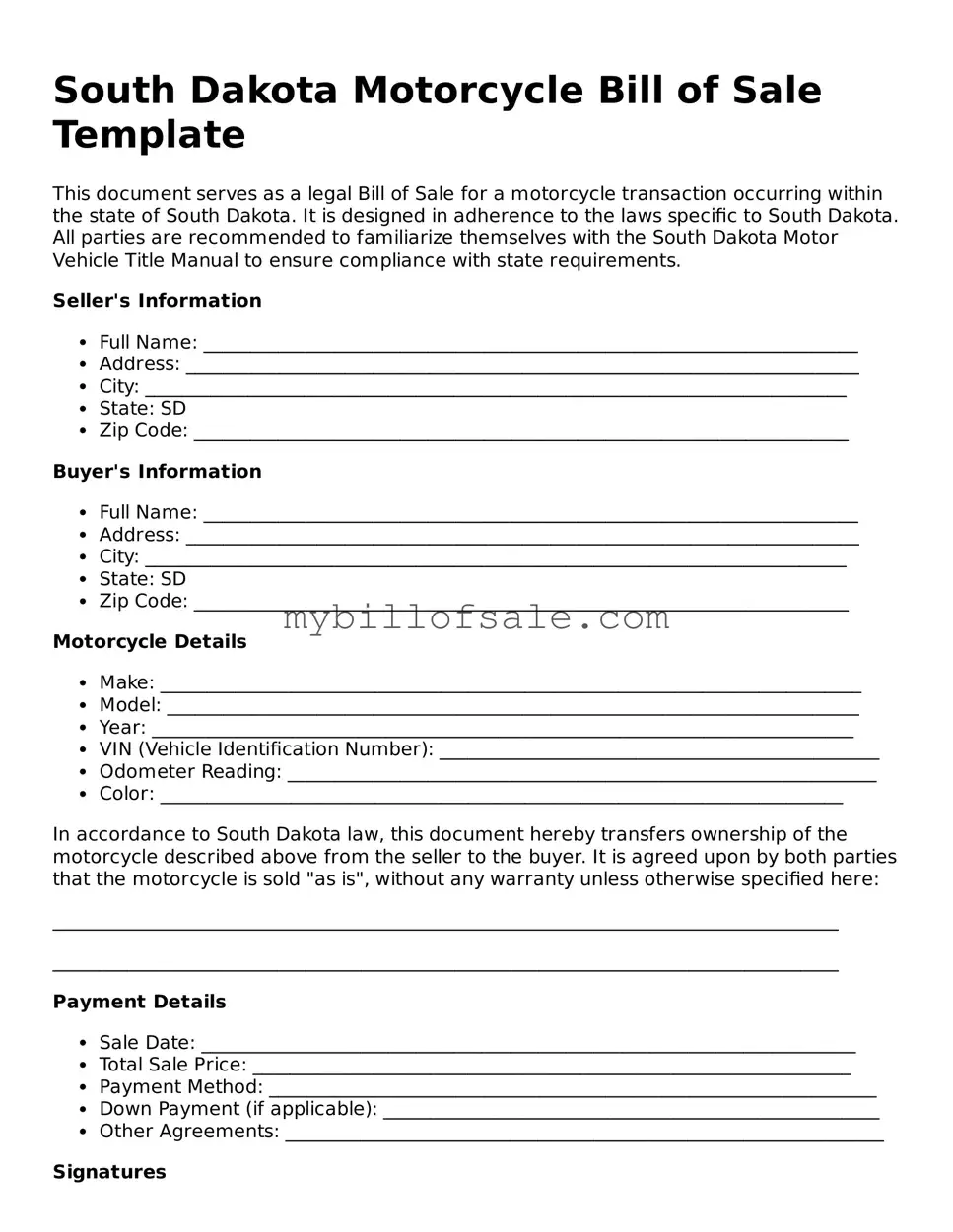 Official South Dakota Motorcycle Bill of Sale Template