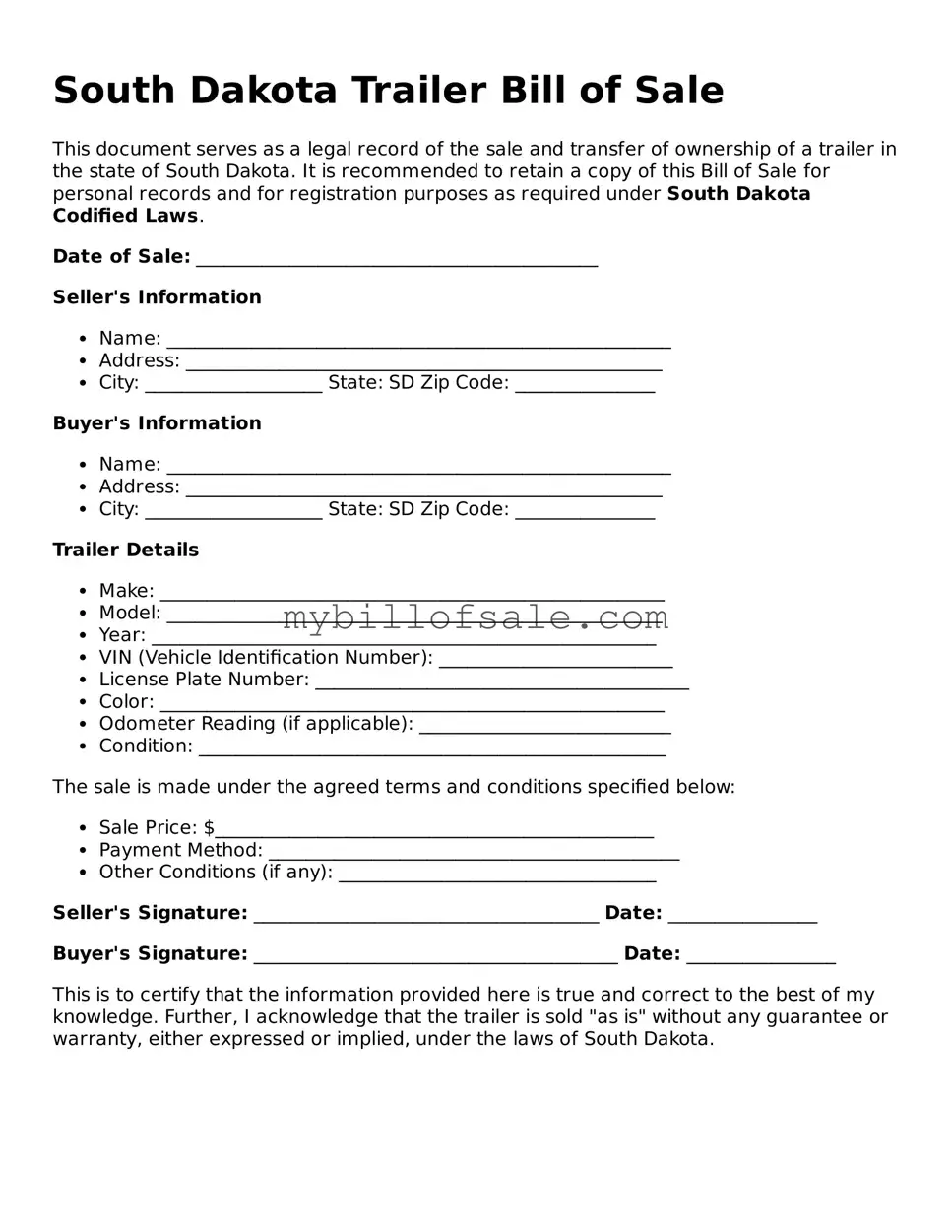Official South Dakota Trailer Bill of Sale Template